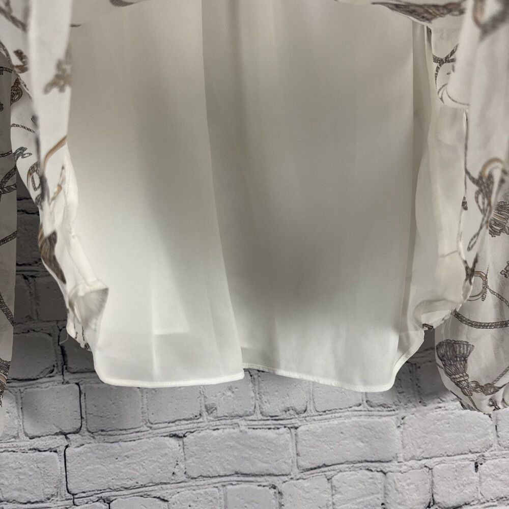 White House Black Market Cream Chain Print Long Sleeve Chiffon Blouse Women's L - Picture 8 of 13